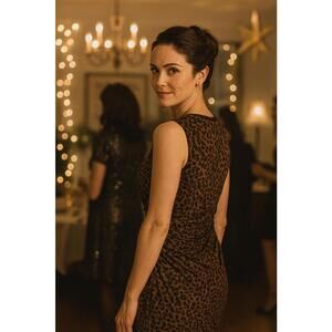 Leopard Print Sleeveless Midi Dress with Ruching - L